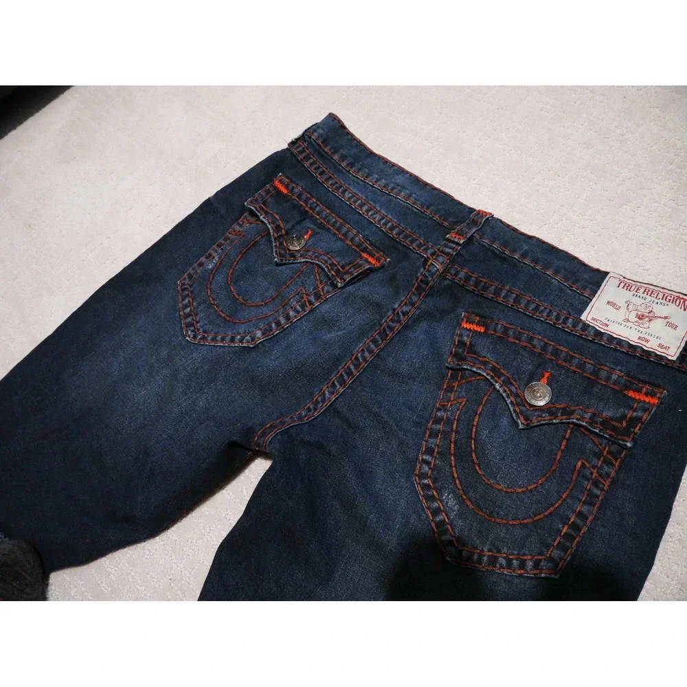 True Religion Ricky Super‎ T Straight Leg Jeans Dark Wash Orange Stitching Mens